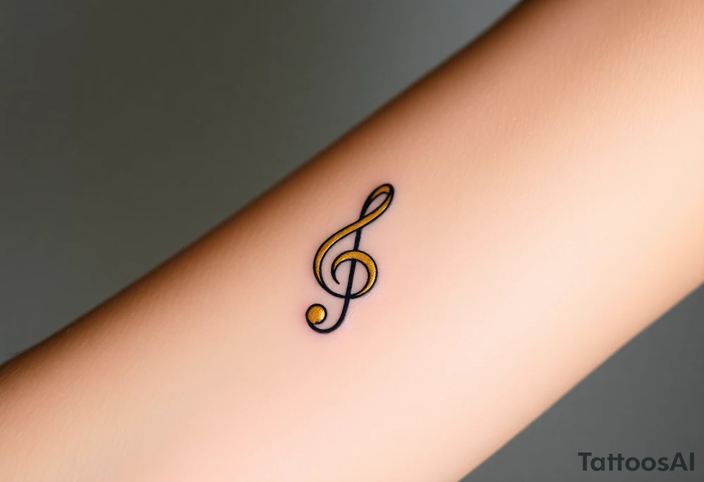 A gold treble clef with subtle silver accents, surrounded by delicate sparkles tattoo idea