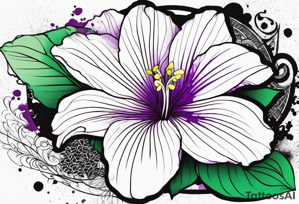 An outline of a rio dipladenia flower with a green/purple watercolor splash in the background tattoo idea