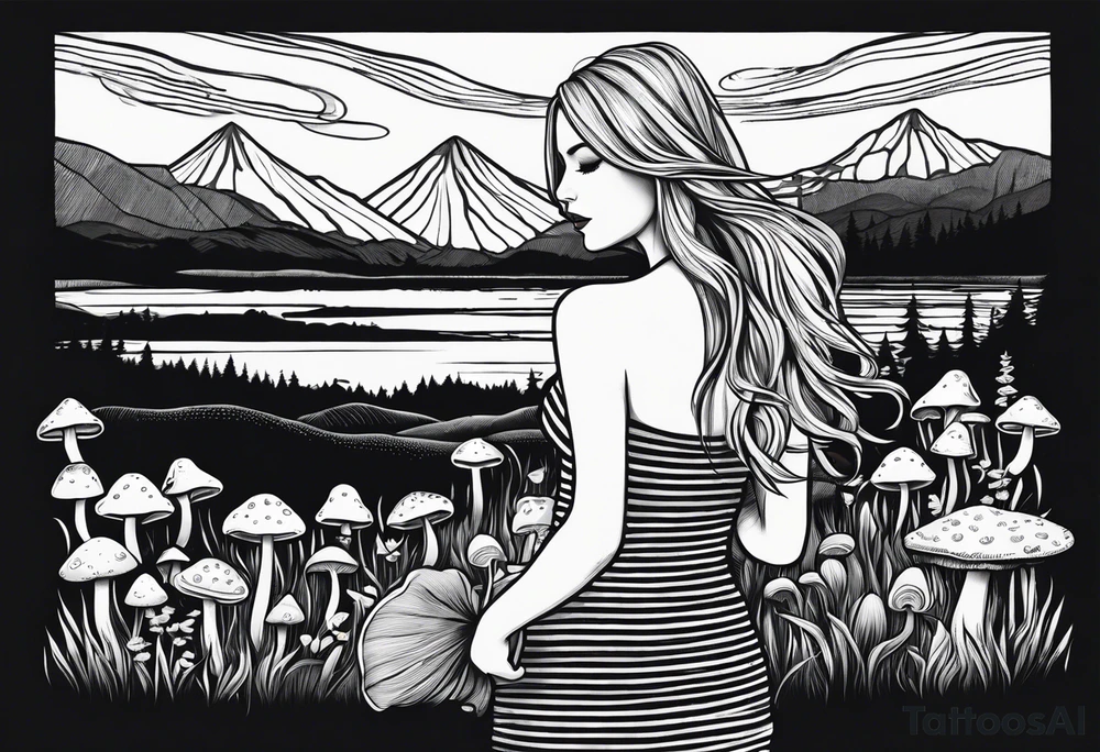 Straight long blonde hair girl in distance holding mushrooms in hand facing away toward mountains and creek surrounded by mushrooms black and white striped dress tattoo idea