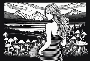 Straight long blonde hair girl in distance holding mushrooms in hand facing away toward mountains and creek surrounded by mushrooms black and white striped dress tattoo idea
