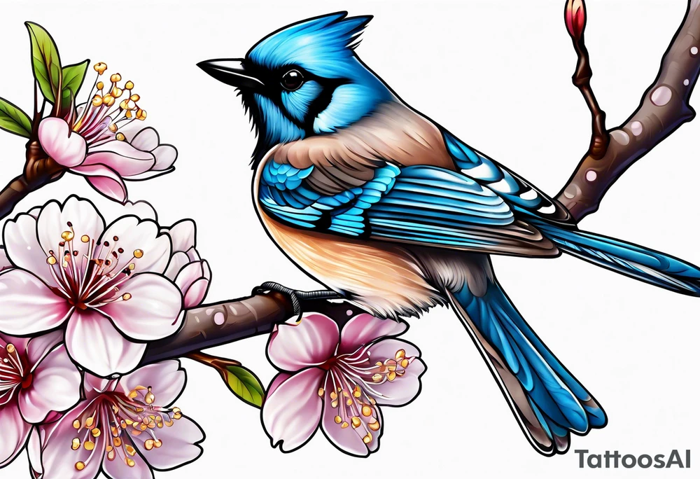 Stellar’s Jay bird on cherry blossoms tattoo for arm tattoo idea