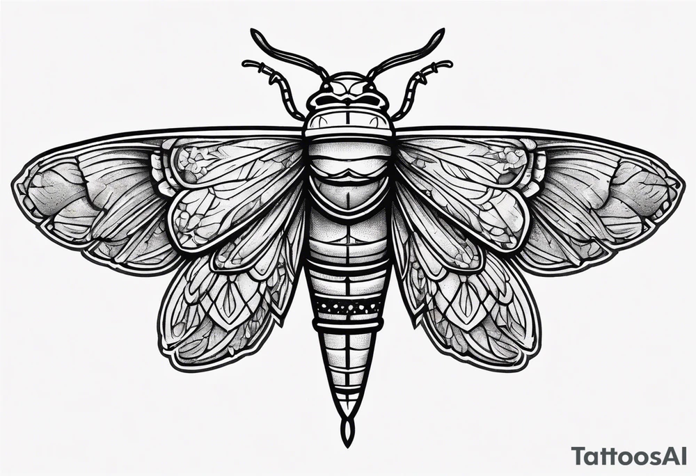 Cicada stippled and shaded with a sword going through it tattoo idea