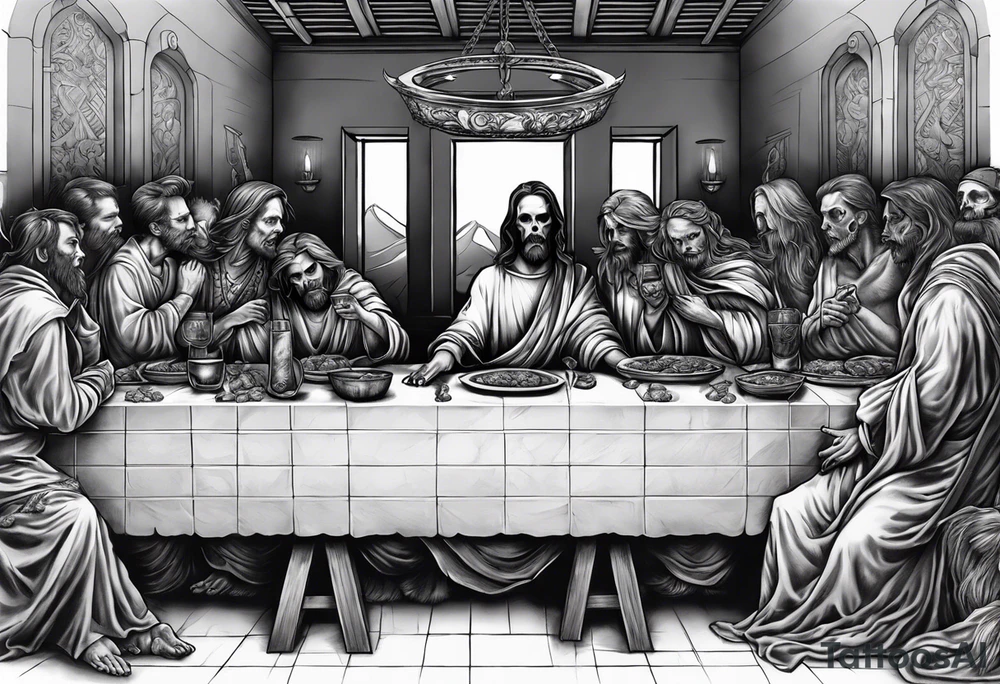 Last supper but everyone is undead, a demon or a skeleton tattoo idea