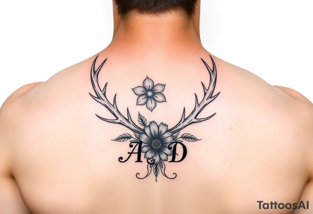 Deer antlers with flower and initials A, S, D tattoo idea
