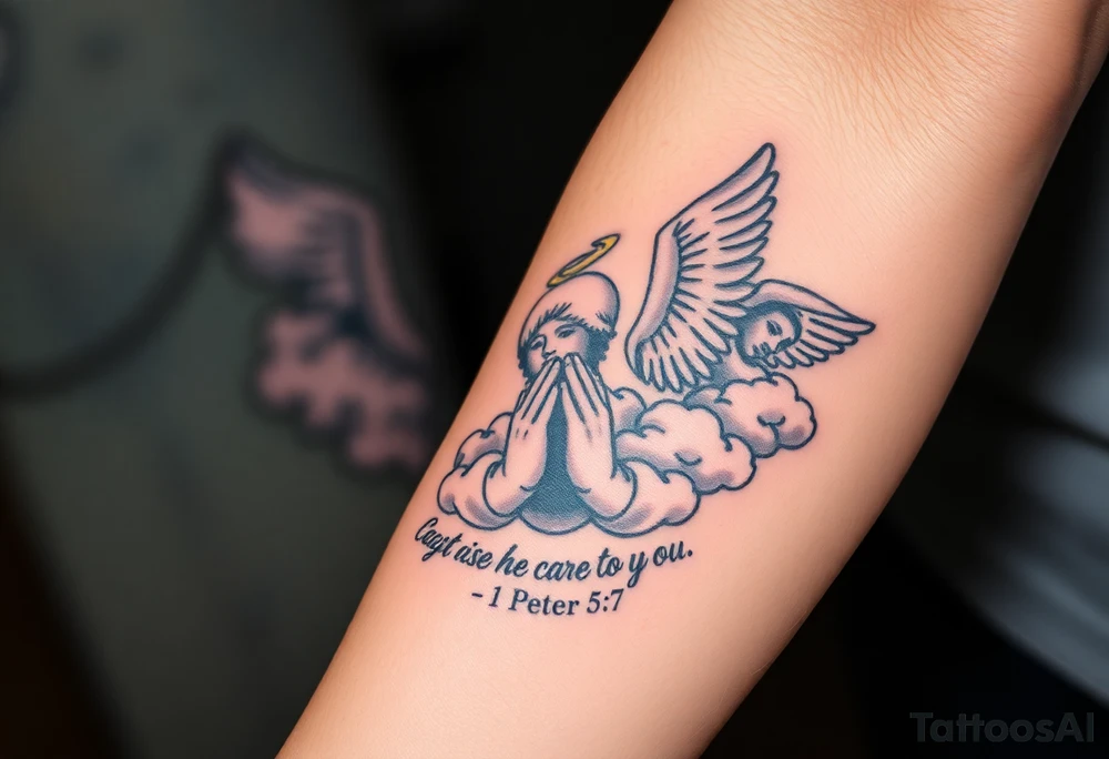 cast all your anxiety on him because he cares for you"  1 peter 5:7 surrounded with clouds and angels and praying hands tattoo idea