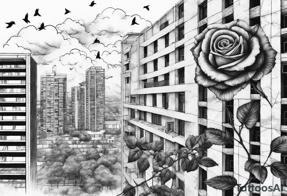 Rose growing from concrete with a 6 floor building in the background with 1570 address. Have clouds in the background with birds flying tattoo idea