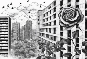 Rose growing from concrete with a 6 floor building in the background with 1570 address. Have clouds in the background with birds flying tattoo idea