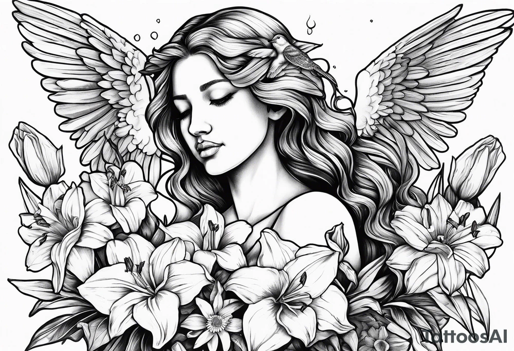 crying angel with head tilted down surrounded by lily, daffodil, rose, daisy, narcissus holding a hummingbird tattoo idea