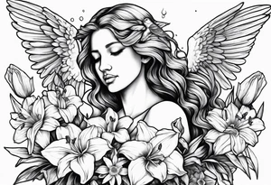 crying angel with head tilted down surrounded by lily, daffodil, rose, daisy, narcissus holding a hummingbird tattoo idea