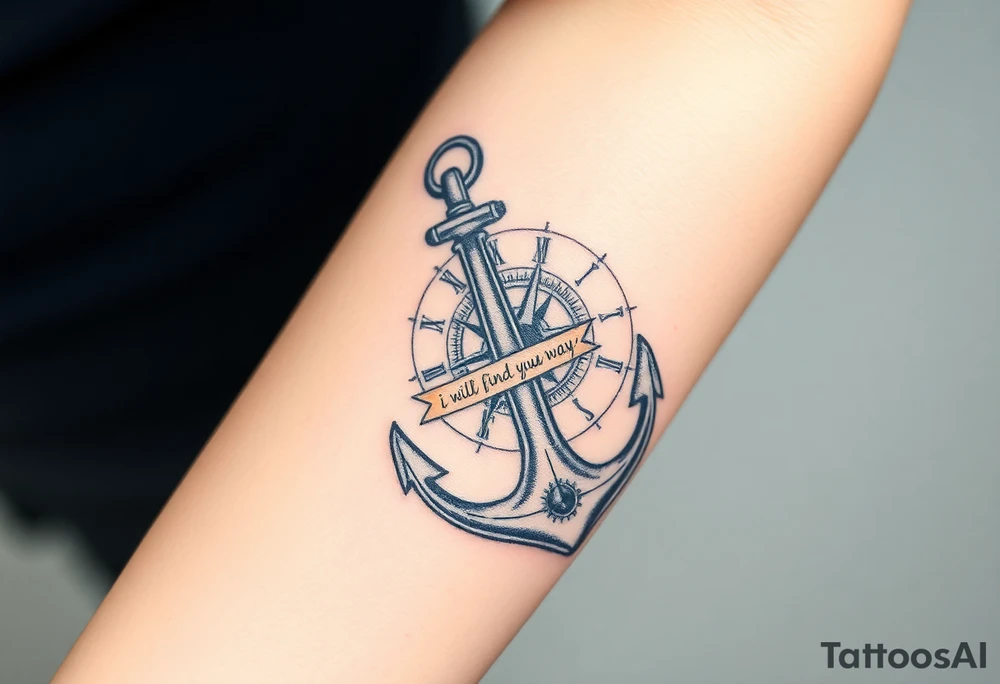 Inner forearm coverup.  Anchor leaned up against a broken clock that up against a compass with its gears around them a slash around the anchor that says i will find my way. tattoo idea