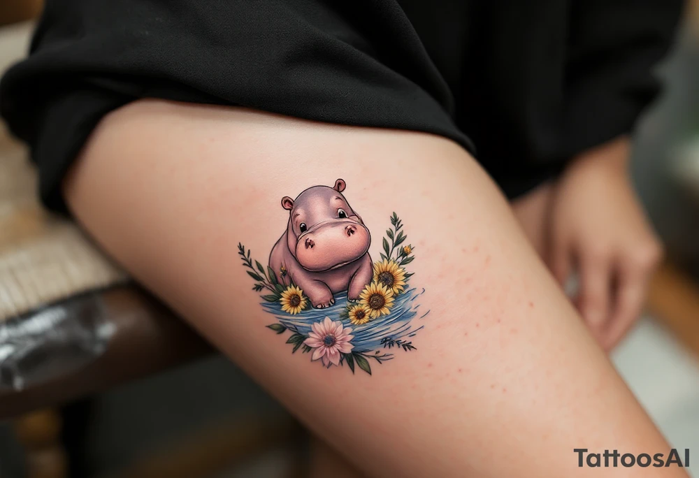 Cute hippo with sunflowers, carnations, and water tattoo idea