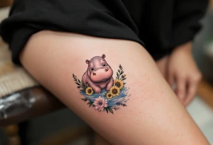 Cute hippo with sunflowers, carnations, and water tattoo idea