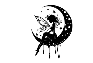 Silhouette of a Fairy sitting on moon with dangles. tattoo idea