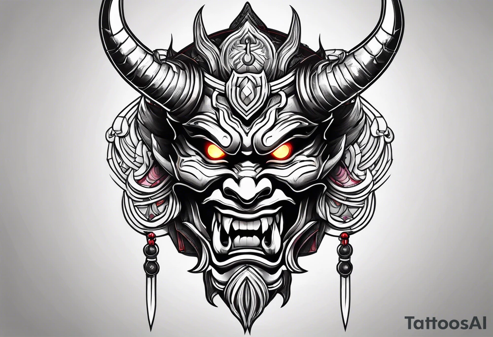 Oni mask with glowing eyes with holding two swords tattoo idea