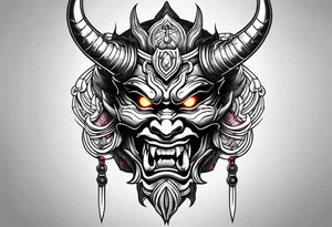 Oni mask with glowing eyes with holding two swords tattoo idea