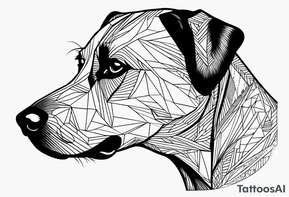 Face of a dog looking to the side, half of face is black tattoo idea
