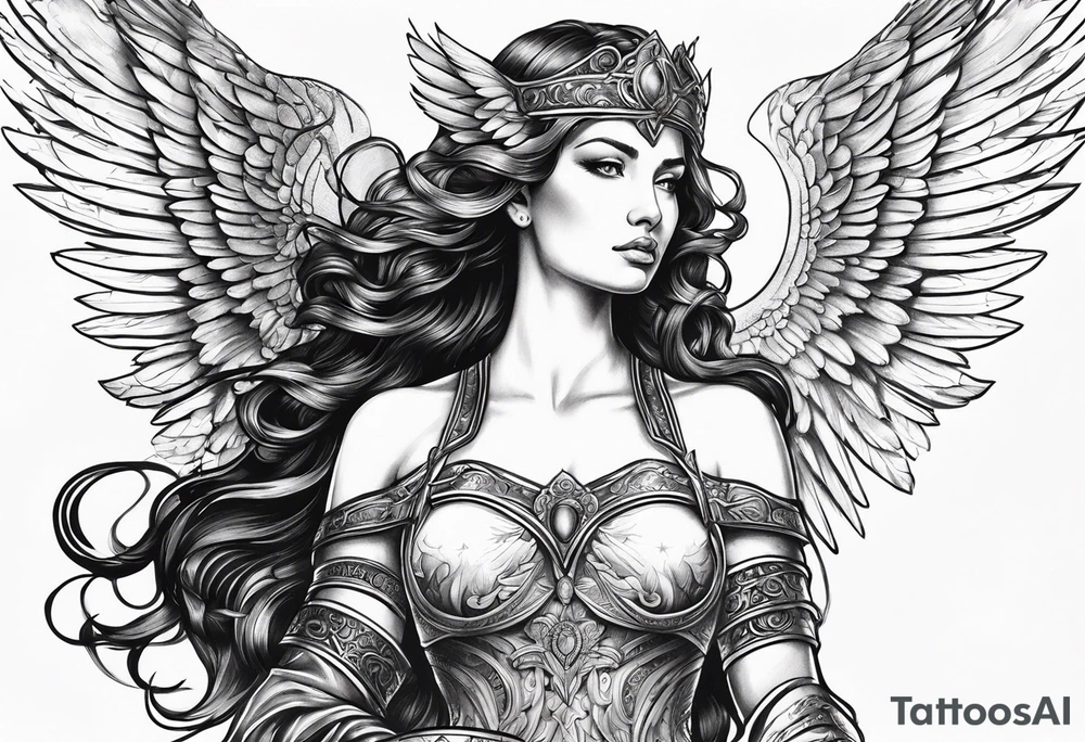 Goddess with sword and angel wing tattoo idea