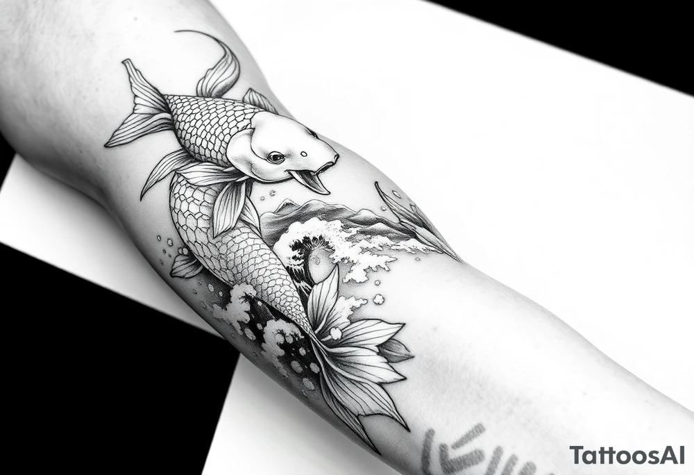Koi fish and elephants with a wave design and underwater mountains  to go on the arm with alot of shading and intricate details tattoo idea