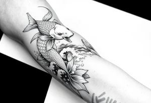 Koi fish and elephants with a wave design and underwater mountains  to go on the arm with alot of shading and intricate details tattoo idea
