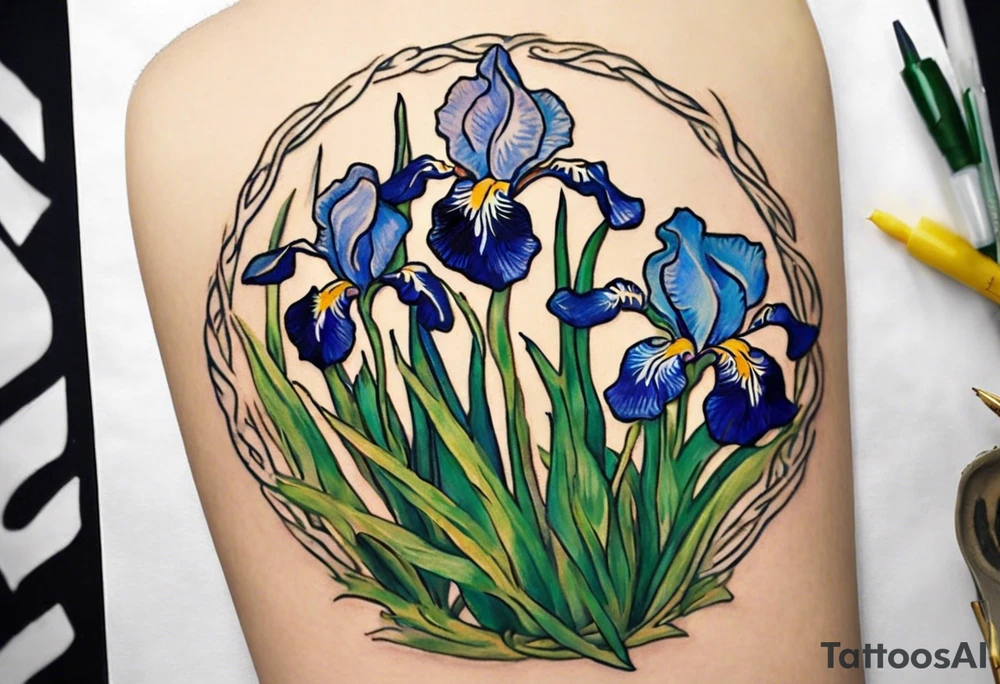 Create a small Vincent van Gogh Irises tattoo. The tattoo should take the form of a crescent, with vines gracefully intertwining at a central point in the middle of the wreath. Ensure that the design avoids the appearance of a bush and maintains a more structured and deliberate arrangement. The intended placement is on the upper chest. The overall design should be small in size while maintaining a delicate and artistic aesthetic. Pay attention to the graceful flow of the vines and the placement of the irises to achieve a refined and elegant look. tattoo idea