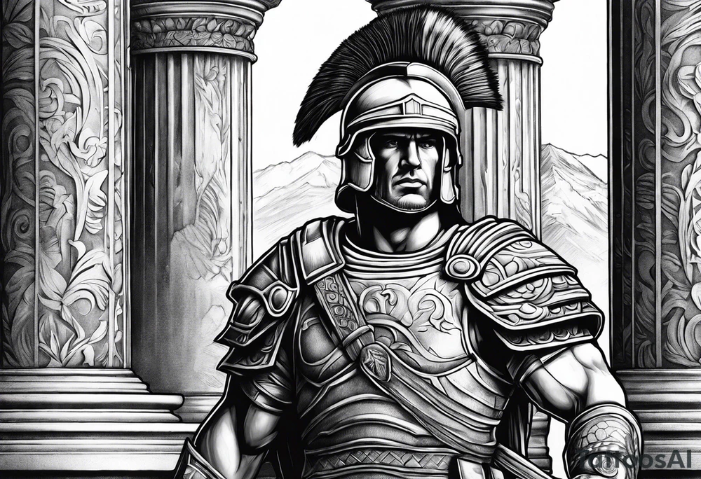 Roman solider looknig at pillars in the distance tattoo idea