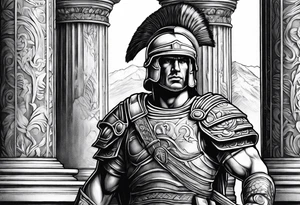 Roman solider looknig at pillars in the distance tattoo idea