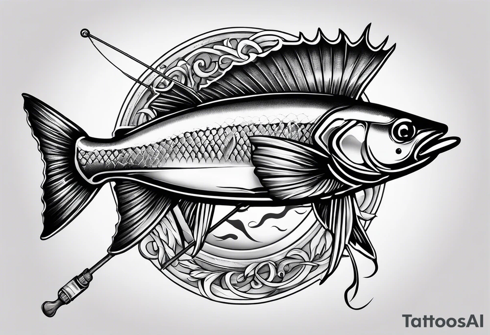 fishing pole and hook with halo and wings tattoo idea