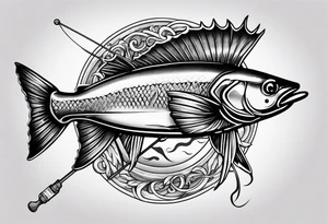 fishing pole and hook with halo and wings tattoo idea
