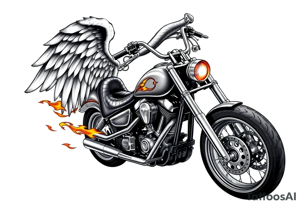 Low rider grey motorcycle, big muffler pipes with flames, angel wings, driving away, no person tattoo idea