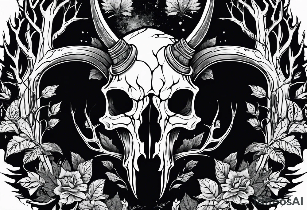 scary side view of a DECAYING deer skull JUST BONE surrounded by a forest fire in background tattoo idea