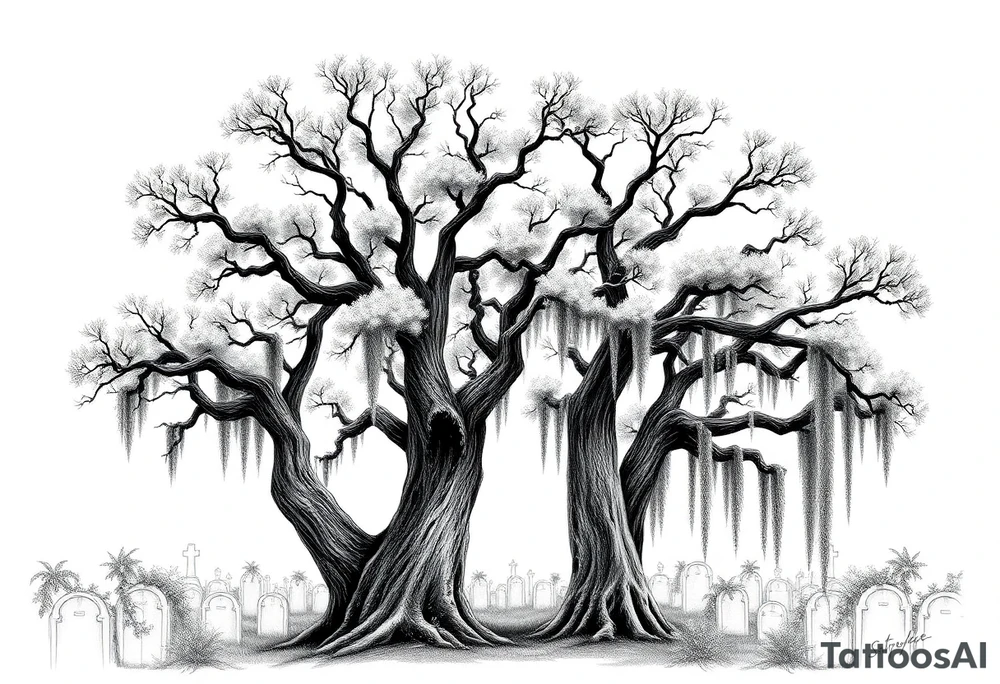 Laurel oaks with Spanish moss in a cemetery tattoo idea