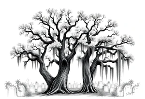 Laurel oaks with Spanish moss in a cemetery tattoo idea