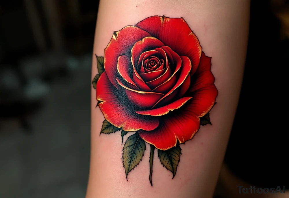 A vibrant deep red rose at the center of the design, its petals rich with shading and subtle gradients, giving it a realistic appearance. The rose symbolizes passion, love, and beauty, with golden highlights on the edges of the petals to add depth and a touch of elegance. tattoo idea