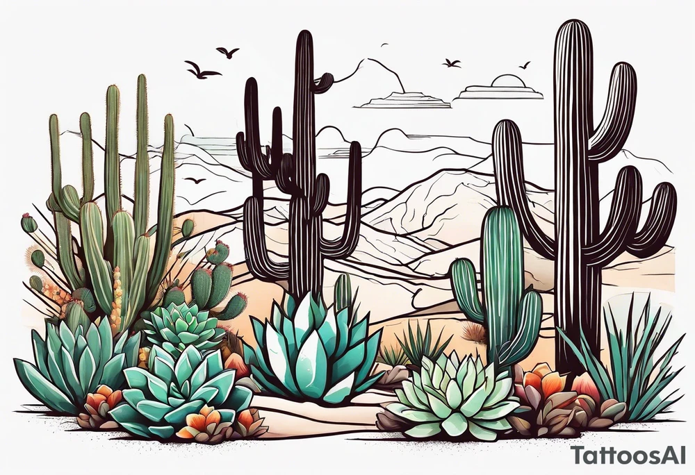 Modern Mexican style desert garden with cactus and small succulents add tiny moth flying tattoo idea