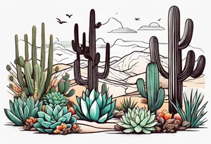 Modern Mexican style desert garden with cactus and small succulents add tiny moth flying tattoo idea