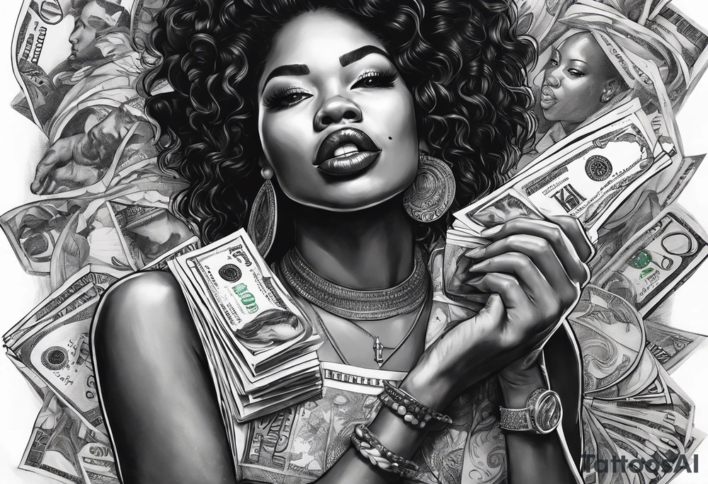 black woman biting money tattoo idea