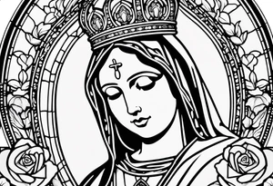 blessed virgin mary holding baby jesus with crown with roses and stained glass windows tattoo idea
