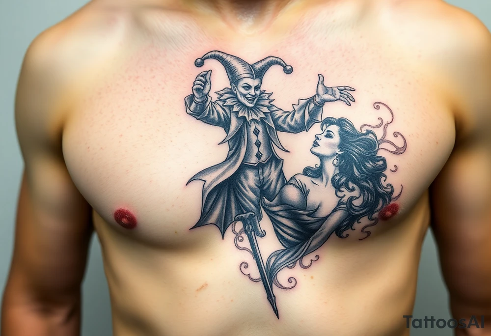 jester hovering over woman in smoke tattoo idea