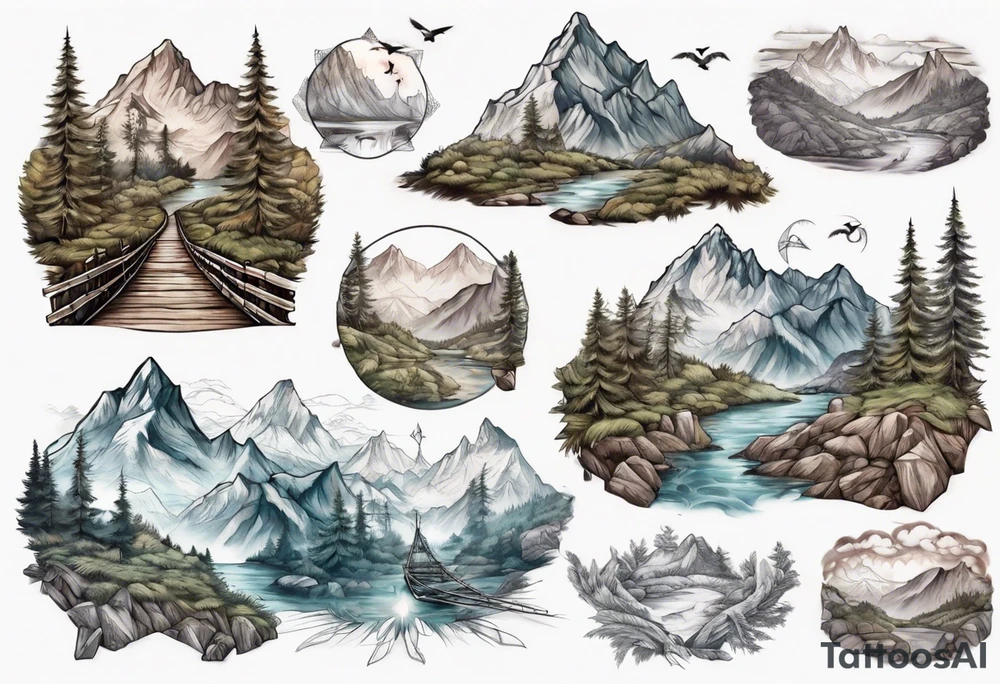 mountain landscape with a rope bridge connecting mountains tattoo idea