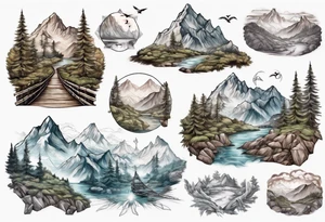 mountain landscape with a rope bridge connecting mountains tattoo idea