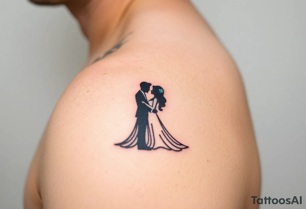A black and white silhouette of a bride and groom in a romantic embrace, with soft golden highlights for warmth and elegance tattoo idea
