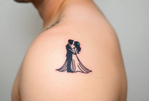 A black and white silhouette of a bride and groom in a romantic embrace, with soft golden highlights for warmth and elegance tattoo idea