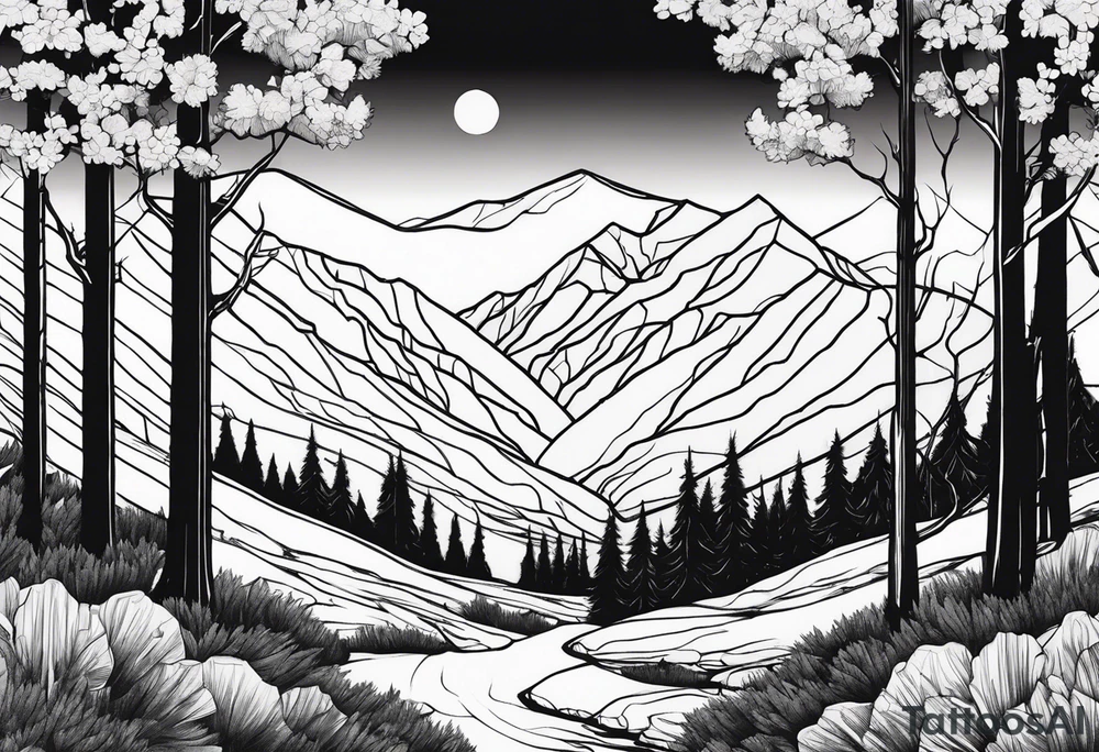 Mountains valley trees tattoo idea