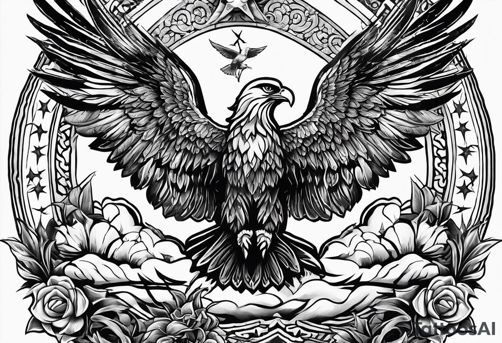 idea of pain for glory in life, discipline and catholic religion. Tattoo on the back with an eagle , 2 doves and fish tattoo idea