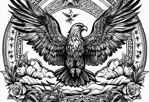 idea of pain for glory in life, discipline and catholic religion. Tattoo on the back with an eagle , 2 doves and fish tattoo idea