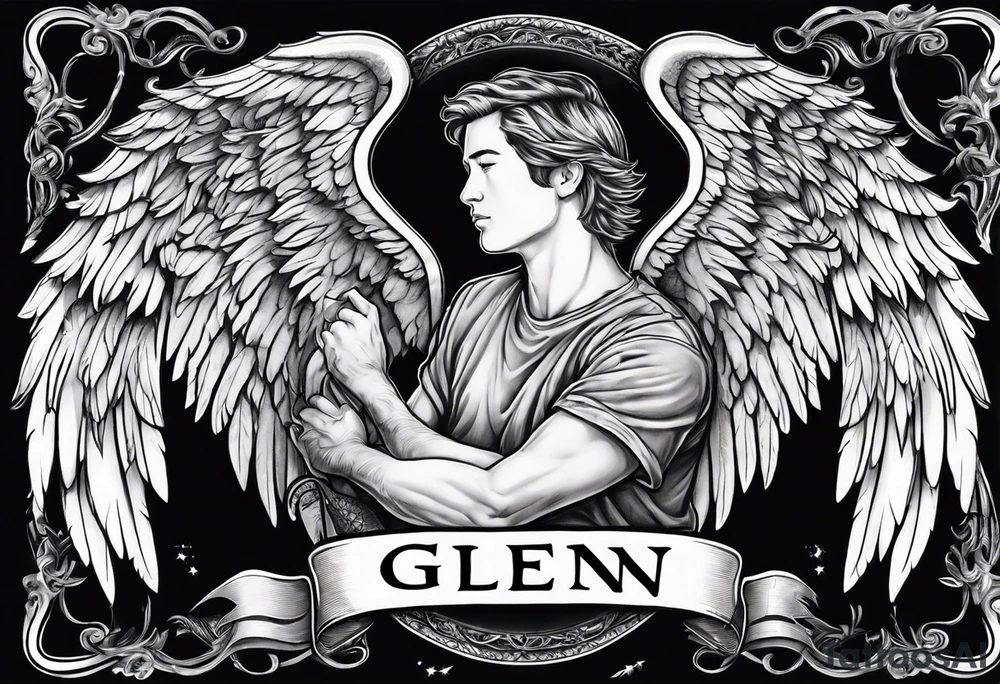 The word Glenn on a banner with angel Wings tattoo idea