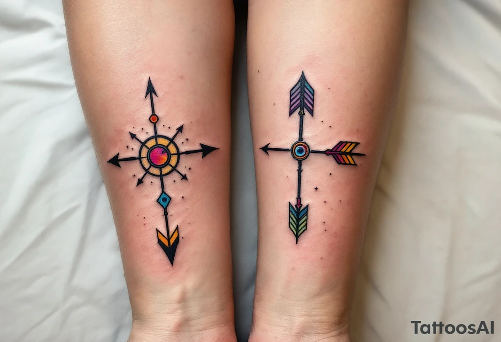Tribal-style arrows in black with colored tips on the forearms on each partners point toward your shared journey. tattoo idea
