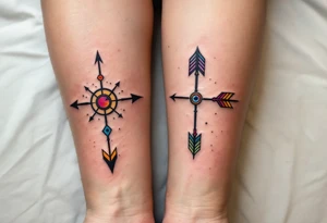 Tribal-style arrows in black with colored tips on the forearms on each partners point toward your shared journey. tattoo idea