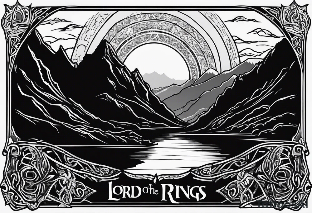 lord of the rings ring lettering with mountains above it and silhouette image of the characters on their travels through the mountains tattoo idea