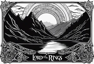 lord of the rings ring lettering with mountains above it and silhouette image of the characters on their travels through the mountains tattoo idea